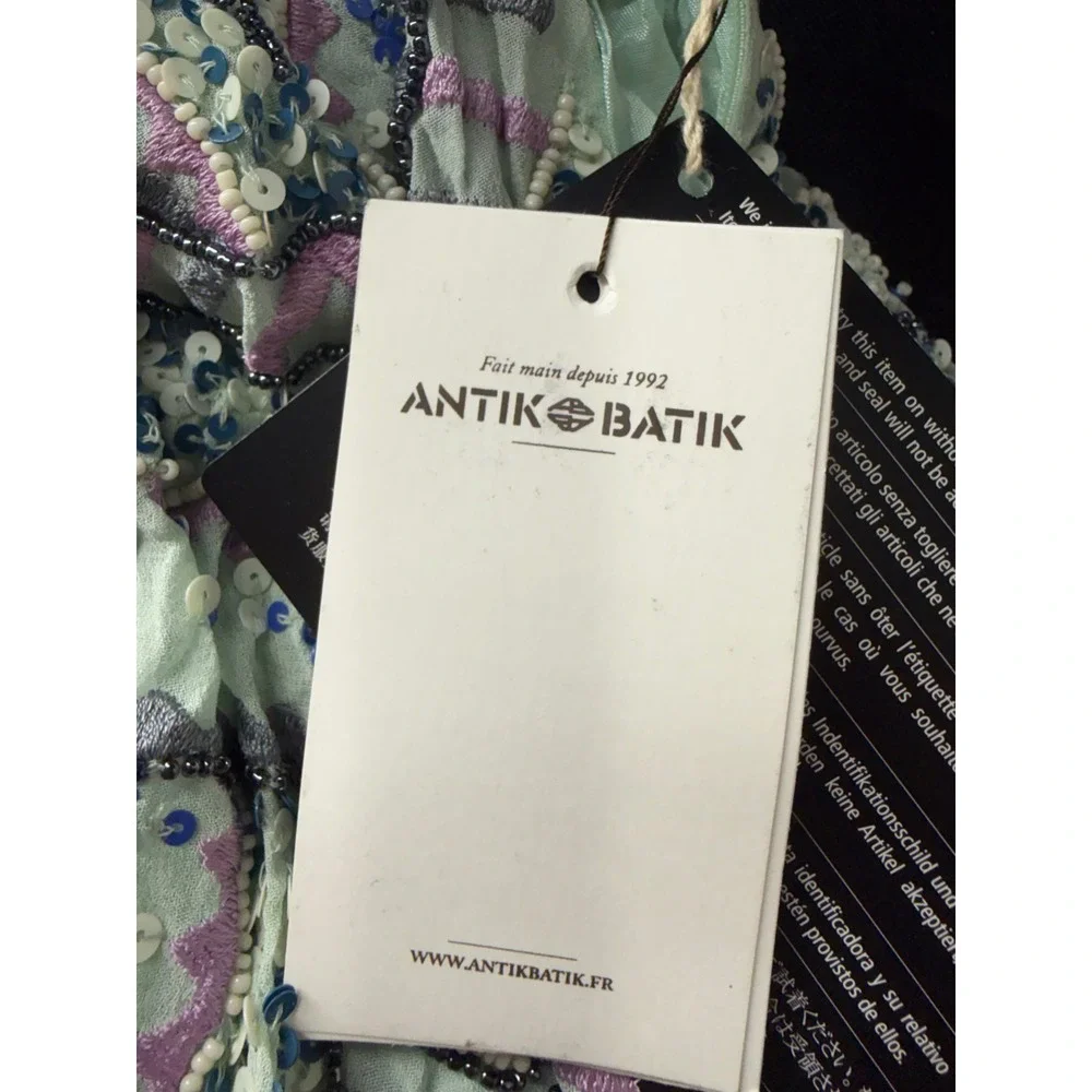 Antik Batik Mint Green Beaded Sequin Mini Dress V-Neck Boho Short Sleeve - Picture 10 of 12